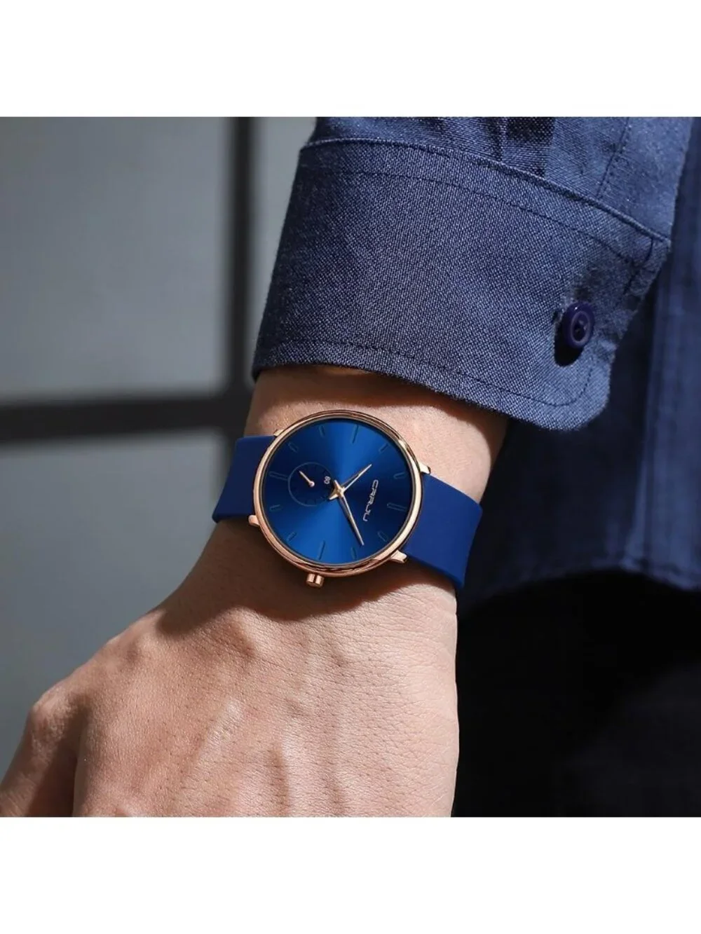Crrju Men's Blue Rose Stylish Waterproof Quartz Unisex Ultra Silicone Band Watch